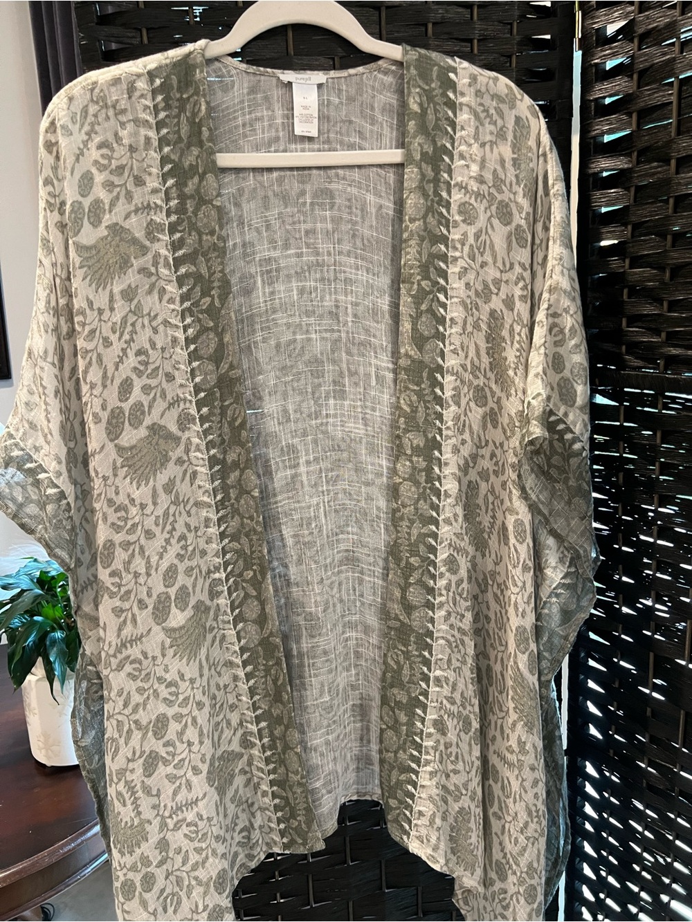 J. Jill Sage and Cream Floral Open-Front Beach Kimono Tunic  Cover Up